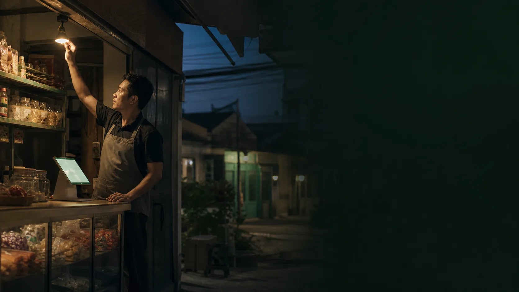 A business owner closing the day in front of her shop